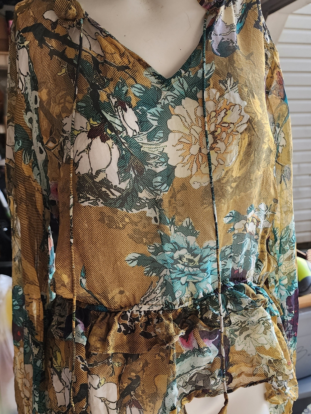 HEMANT & NANDITA Silk Mustard and Teal Floral Tie-Neck Top Bohemia‎ Cottagecore